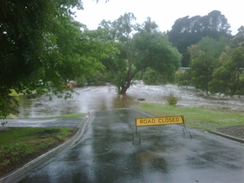 Flooded road near creek with road closure sign